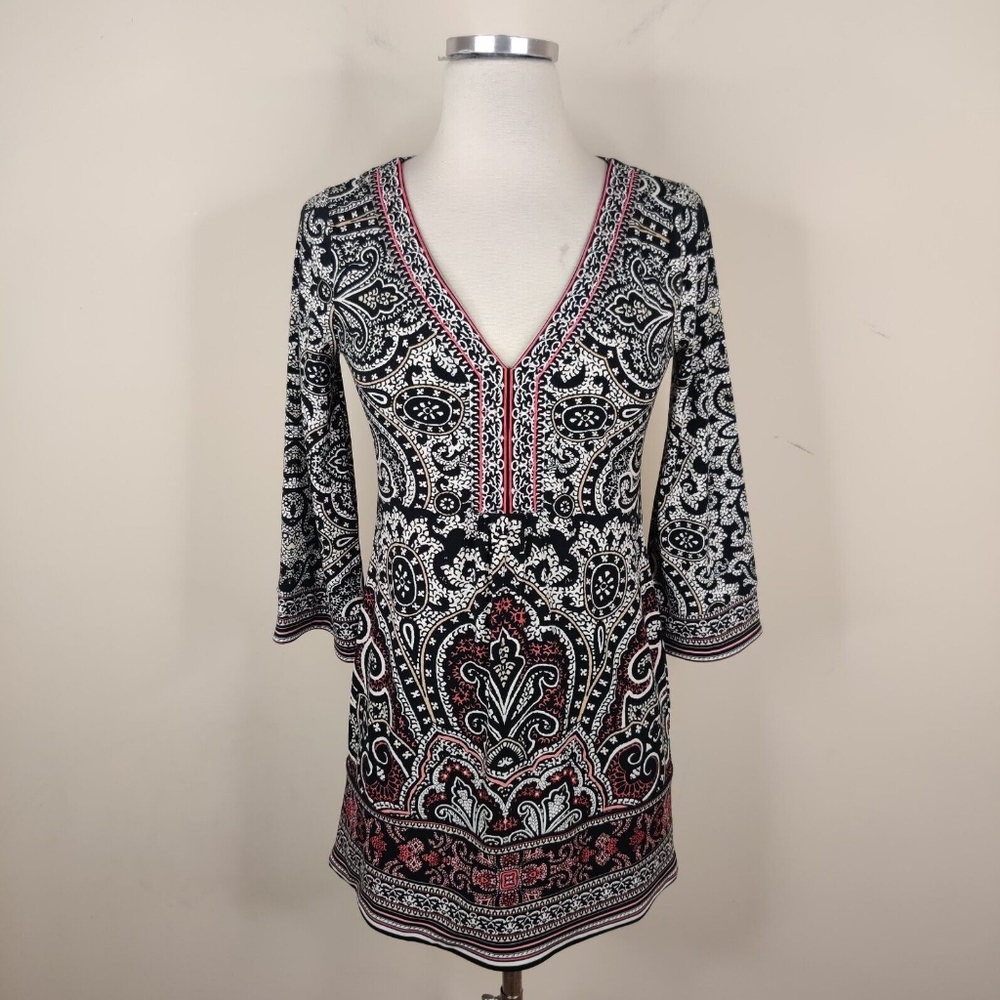 WHBM Elegant Black and Pink Paisley 3/4 Sleeve Tunic Women's Medium Top